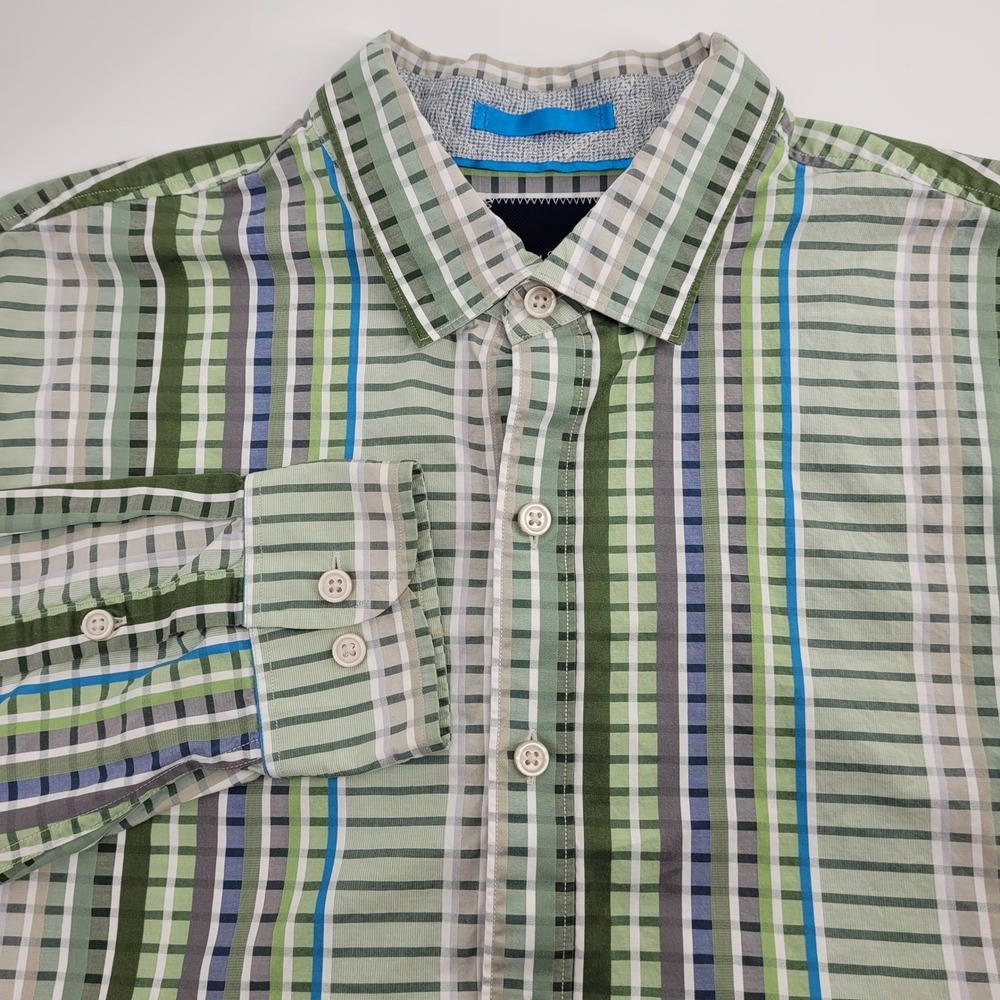 Tommy Bahama Mens XL Green Plaid Stripe 100% Pima Cotton Long Sleeve Shirt